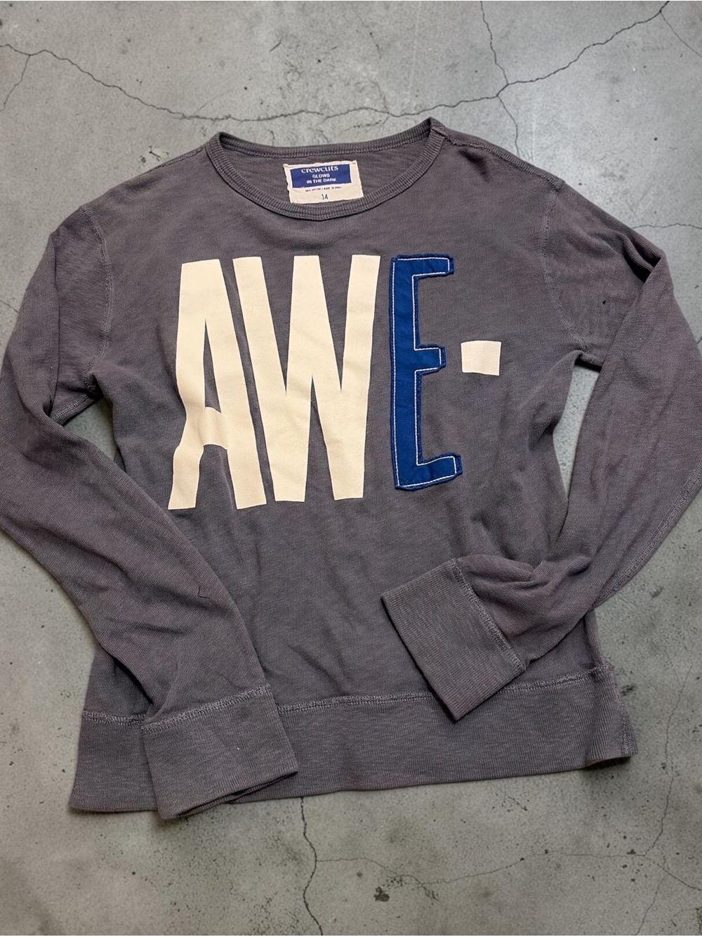Crewcuts Slate Gray Sweatshirt with Cream & Blue Lettering and glow in the dark